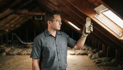 Electrician measures attic heat with a thermometer in Richmond, VA, for proper attic fan sizing