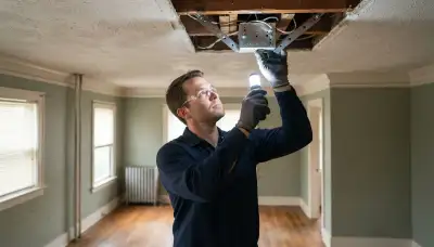 Electrician inspecting ceiling box support for ceiling fan installation in Richmond, VA