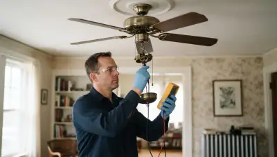 Richmond, VA electrician tests a ceiling fan pull-chain switch with a multimeter during fault diagnosis