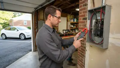 Electrician uses a clamp meter for EV charger load calculation at a Richmond, VA home electrical panel