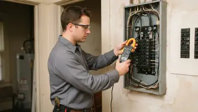 Richmond, VA electrician measures an open load center with a clamp meter for a new electric heater circuit