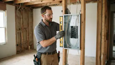 Electrician leveling a new electrical panel enclosure during rough-in for a Richmond, VA home