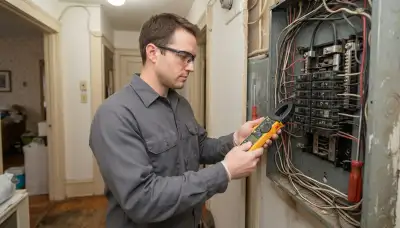 Electrician uses a clamp meter to assess an existing electrical panel for upgrade in a Richmond, VA home