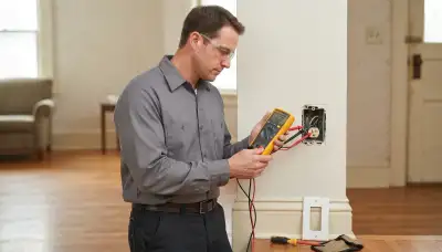Electrician tests a de-energized circuit with a multimeter during electrical repair in Richmond, VA
