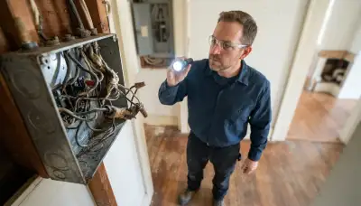 Richmond, VA electrician inspecting aged wire insulation with a flashlight during an existing wiring assessment