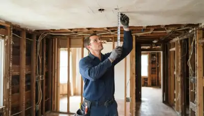Technician measuring ceiling for fire alarm detector placement in a Richmond, VA home