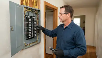Electrician assessing GFCI circuits at an open breaker panel in a Richmond, VA home