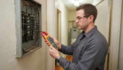 Electrician in Richmond, VA measures home circuit load with a clamp meter during an energy audit
