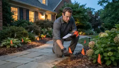 Richmond, VA electrician lays out low-voltage landscape lighting stakes along a residential pathway before trenching