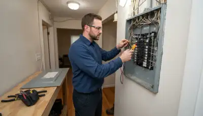 Licensed electrician uses voltage tester to inspect breaker panel during whole-home assessment in Richmond, VA