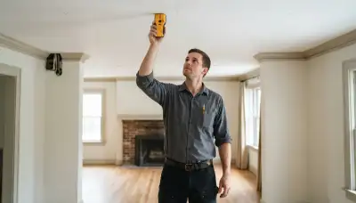 Electrician uses a stud finder to plan ceiling fixture placement in a Richmond, VA home