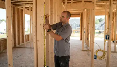 Electrician marking outlet heights and circuit runs during new construction rough-in wiring in Richmond, VA