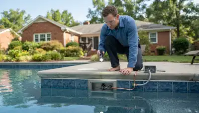 Richmond, VA electrician inspects a residential pool light niche and bonding connection with a flashlight