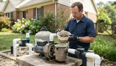 Electrician inspects pool pump strainer basket and shaft seal in Richmond, VA