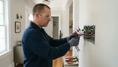 Richmond, VA electrician assesses an open gang box and groups lighting circuits for programmable lighting