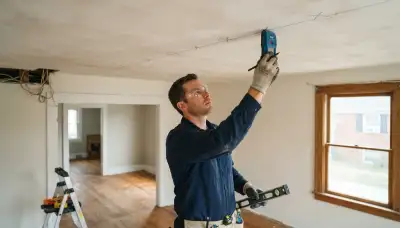 Richmond, VA electrician maps ceiling joists and marks recessed light positions with a stud finder and chalk line