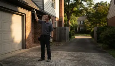 Richmond, VA electrician assesses garage eave for residential security light coverage
