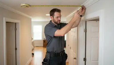 Electrician assessing smoke detector placement along a hallway ceiling in a Richmond, VA home