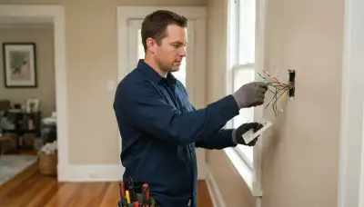Electrician in Richmond, VA assessing labeled thermostat control wires for installation
