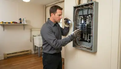 Richmond, VA electrician inspects an open electrical panel for whole-home surge protection installation