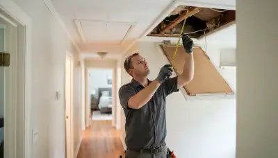 Electrician measures hallway ceiling joists for whole-house fan installation in Richmond, VA