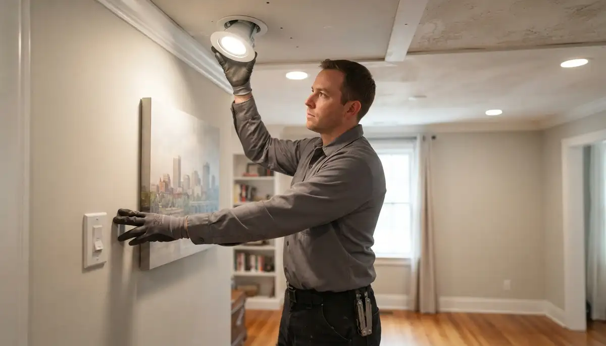 Electrician tests new lighting fixture aim and dimmer controls in a Richmond, VA home