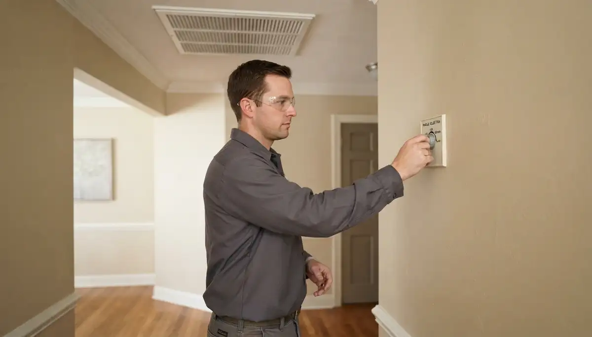 Electrician verifies Richmond, VA whole-house fan operation by adjusting the wall-mounted speed control with grille c...