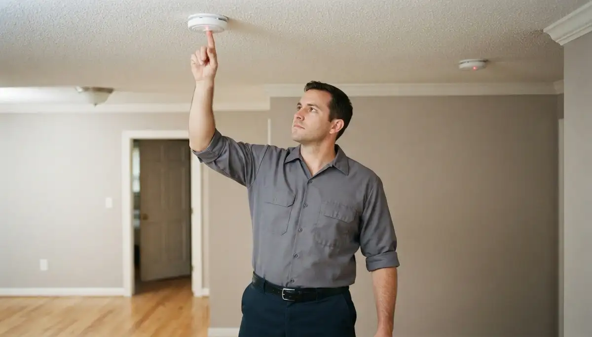 Richmond, VA electrician presses test button on interconnected ceiling smoke detector system