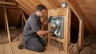 Richmond, VA electrician mounting an attic fan frame beside attic wiring