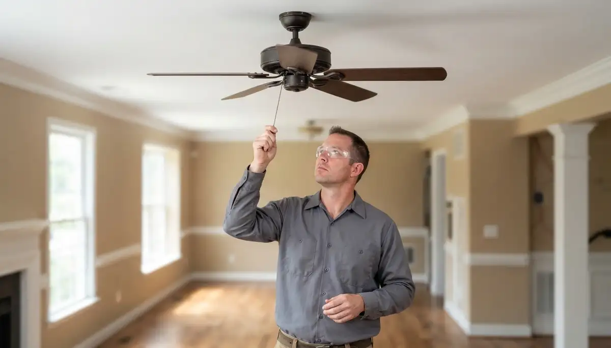 Electrician in Richmond, VA balancing ceiling fan blades and checking the secure ceiling mount before startup