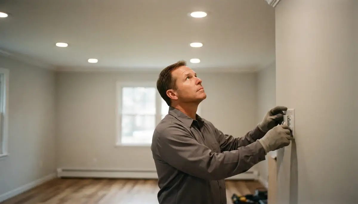Richmond, VA electrician tests recessed lighting beam coverage and adjusts dimmer for smooth, even illumination