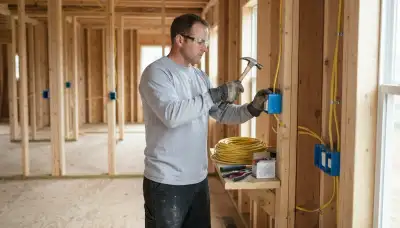 Electrician installing electrical boxes and securing cable during new construction wiring in a Richmond, VA home