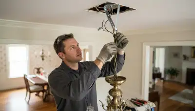 Richmond, VA electrician wiring a chandelier secured to a fixture-rated ceiling brace with power safely off