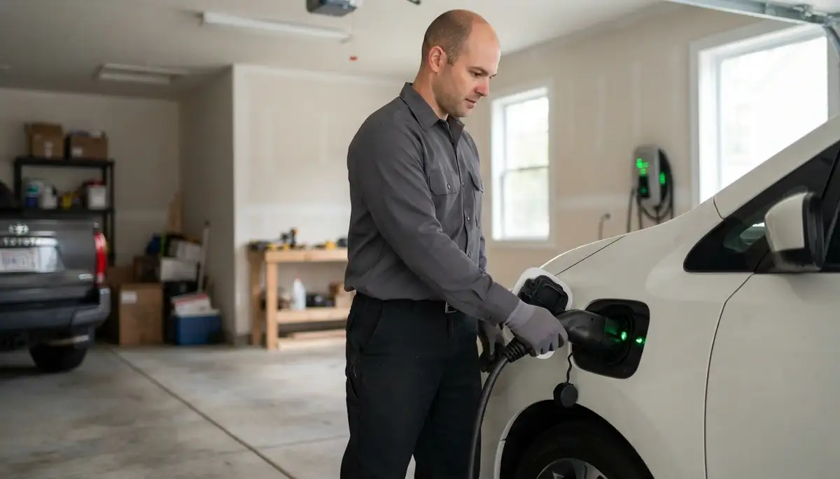 Technician verifies EV charger connection during a live charging test in Richmond, VA