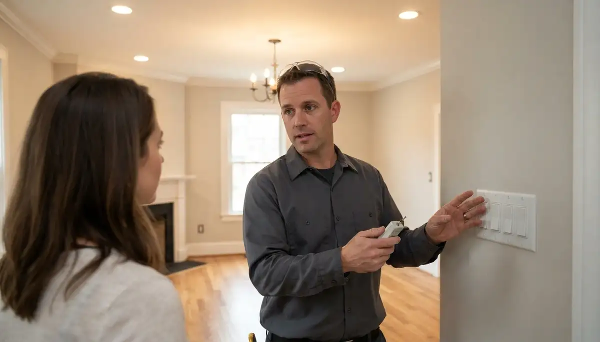 Richmond, VA electrician leads homeowner through completed lighting installation and dimmer controls