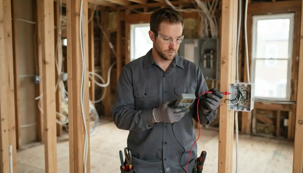 Richmond, VA electrician tests wiring continuity and polarity with a circuit tester before walls are closed