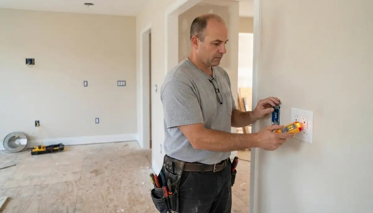Electrician testing new receptacles and switches during Richmond, VA new construction wiring trim-out