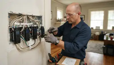 Electrician installing programmable dimmers and lighting controller in a Richmond, VA home
