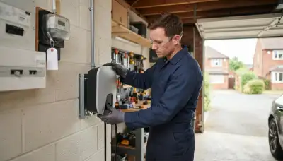 Electrician installing a 240-volt EV charger and dedicated circuit in Chester, VA