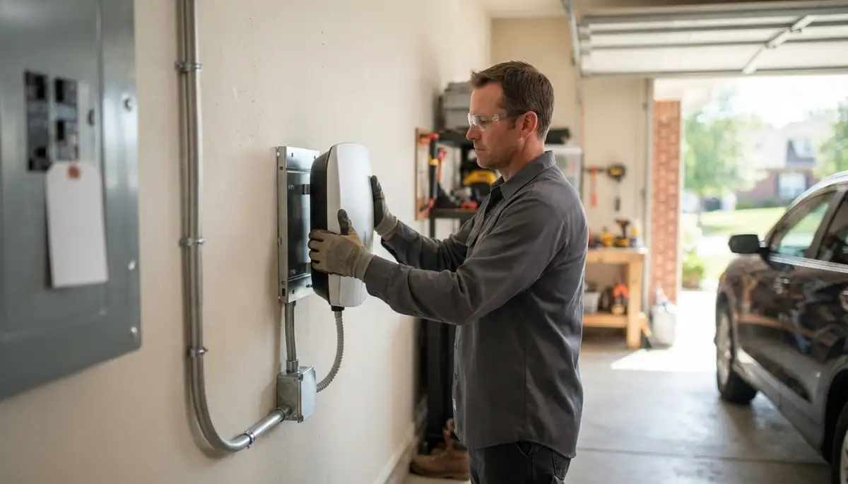 Electrician installing a home EV charger on a dedicated 240-volt circuit in Chesterfield, VA