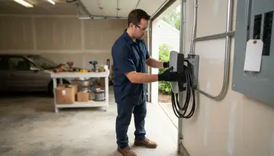 Electrician installing an EV charger and dedicated circuit at a Doswell, VA home