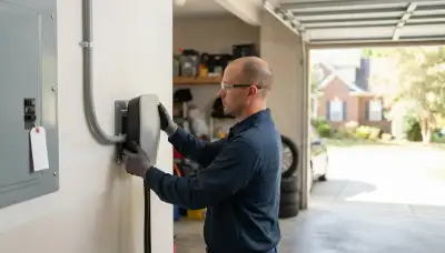 Wall-mounted EV charger installed in a Mechanicsville, VA garage by a licensed electrician