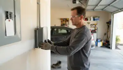 Electric vehicle charger installation in Quinton, VA, with conduit from the electrical panel to a garage wall unit