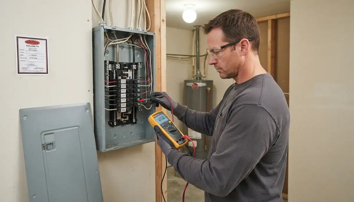 Richmond, VA electrician testing electrical panel circuits with a multimeter for safe energization