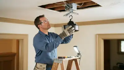 Electrician installs a fan-rated ceiling box for ceiling fan mounting in Richmond, VA