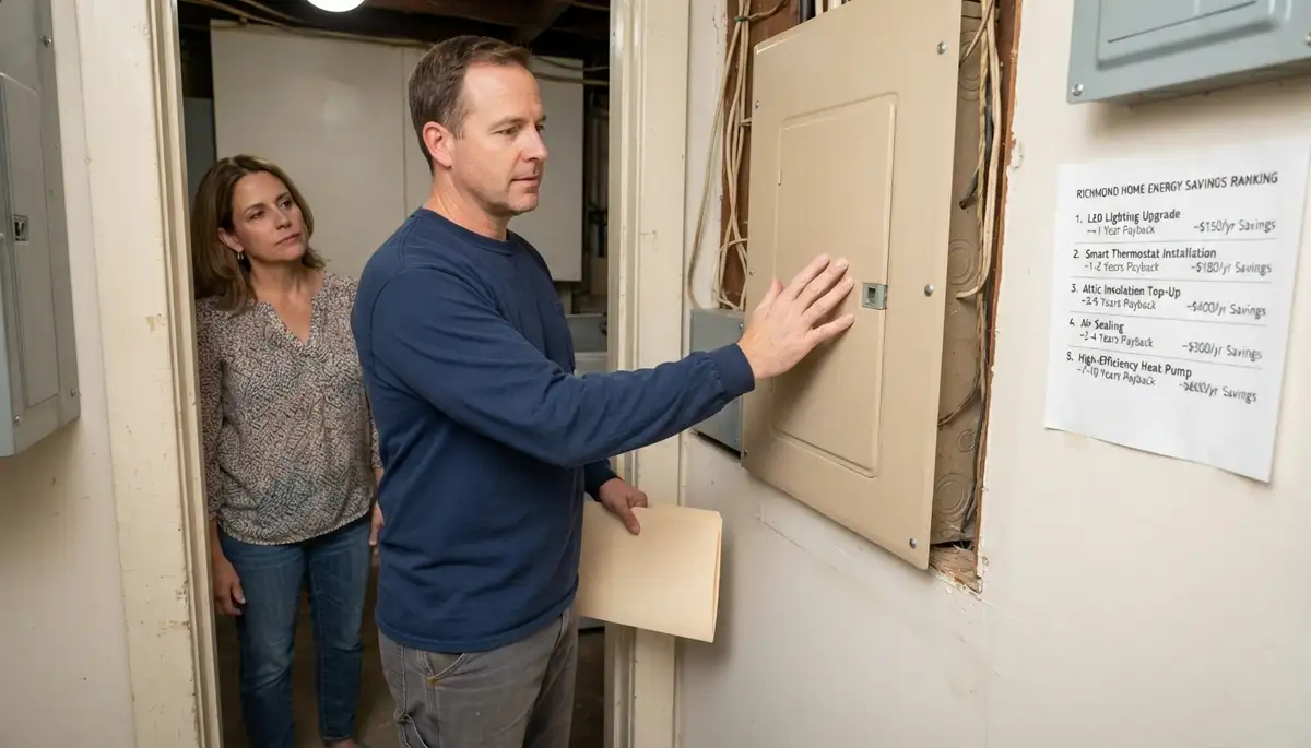 Richmond, VA electrician reviewing home energy audit results beside a closed electrical panel