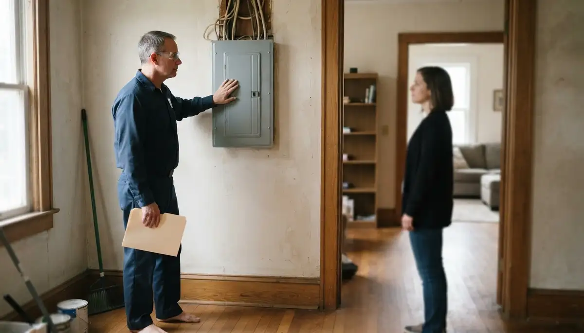 Richmond, VA electrician reviews home inspection findings with homeowner beside a closed electrical panel.
