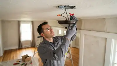 Electrician mounting a ceiling light fixture and connecting wiring in a Richmond, VA home
