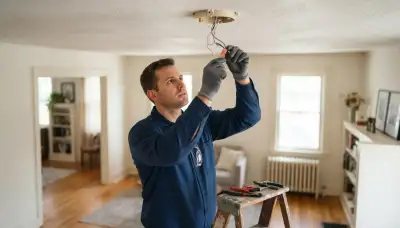 Electrician connecting ceiling fixture wiring during lighting installation in a Richmond, VA home