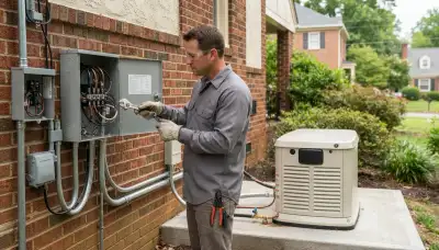 Richmond, VA electrician secures transfer switch conductors beside a standby generator